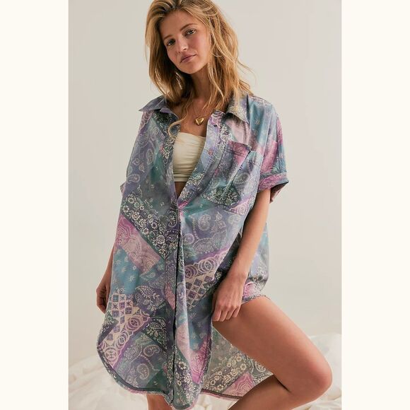 Free People Intimately Bedside Babe Sleep Shirt Tunic Top Buttondown M 283139 - Picture 1 of 9